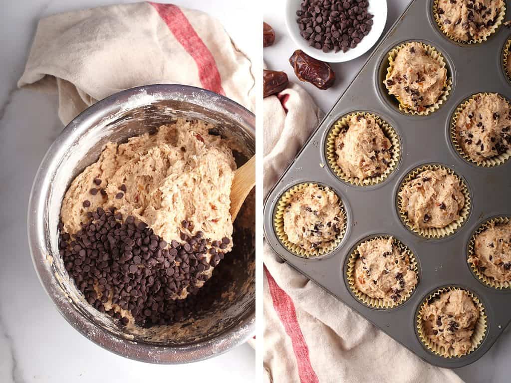 Muffin batter scooped into muffin tins