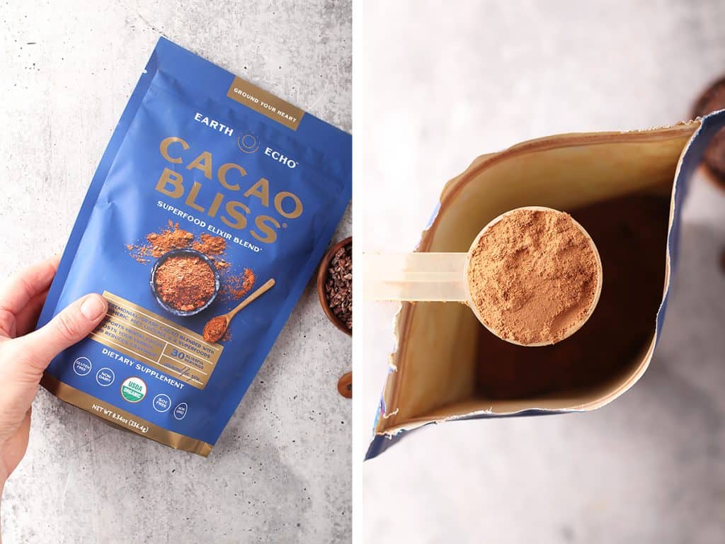 side by side images of a hand holding a bag of cacao bliss on the left, and a plastic scoop filled with cacao bliss on the right