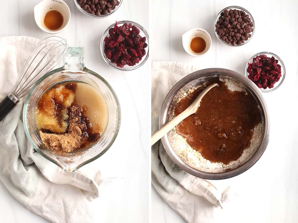 Left: sugar, applesauce, and oil mixed together in a glass liquid measuring cup. Right: Wet ingredients added to the dry in a large mixing bowl. 