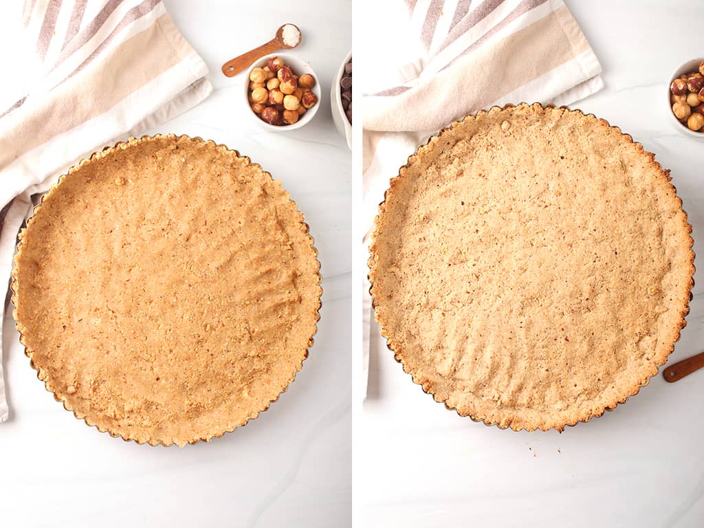 LefT: unbaked tart crust. Right: baked tart crust on a marble countertop. 