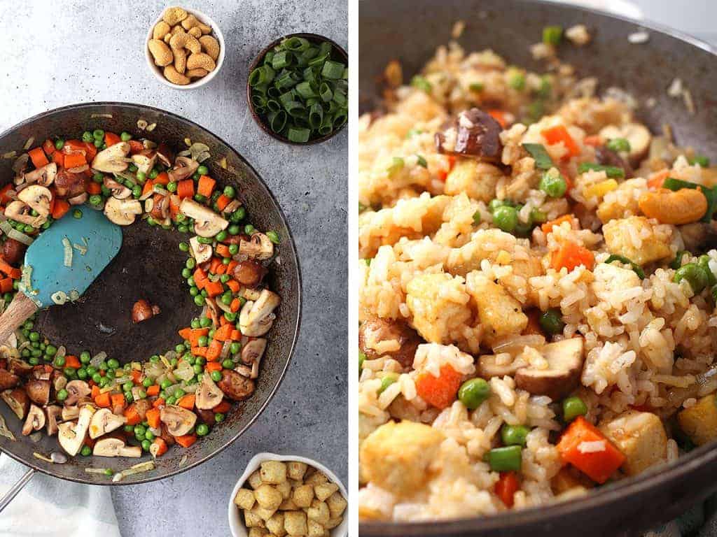 Sautéed vegetables and rice in a large wok