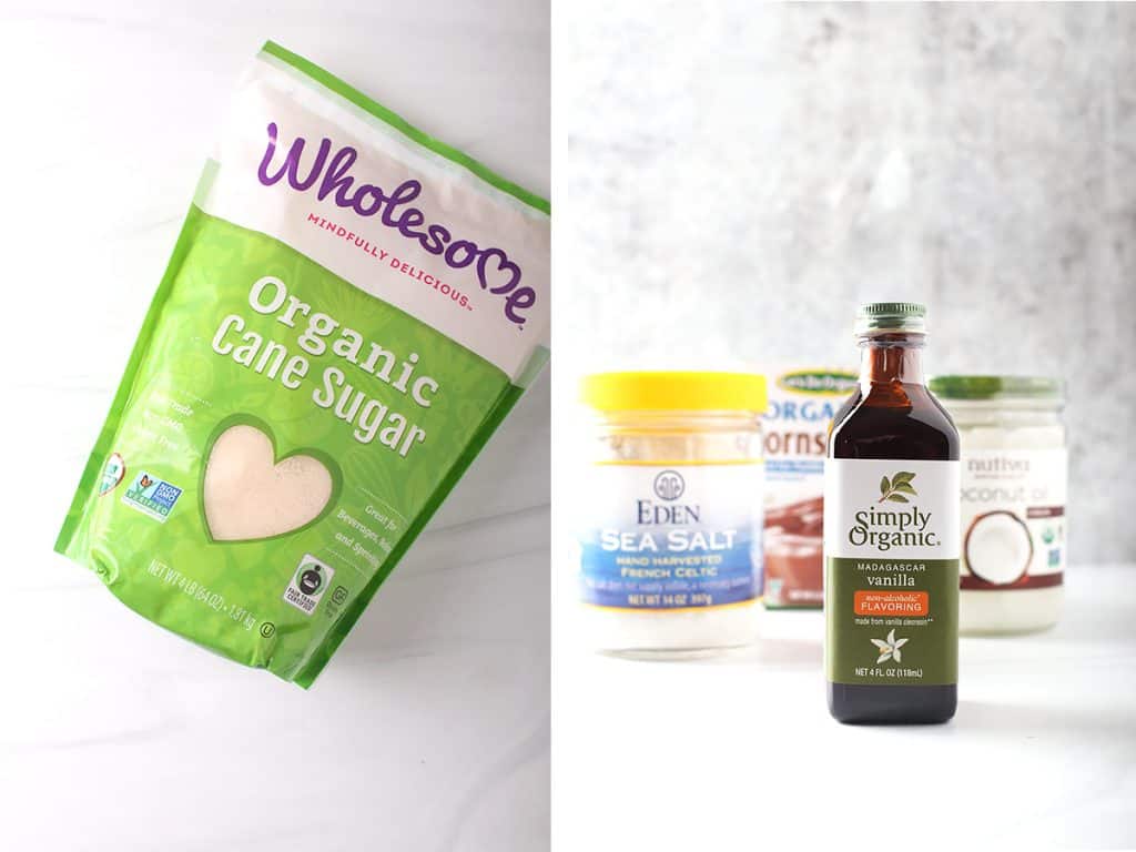 side by side images of a bag of wholesome brand organic cane sugar on the left and a bottle of simply organic vanilla on the right
