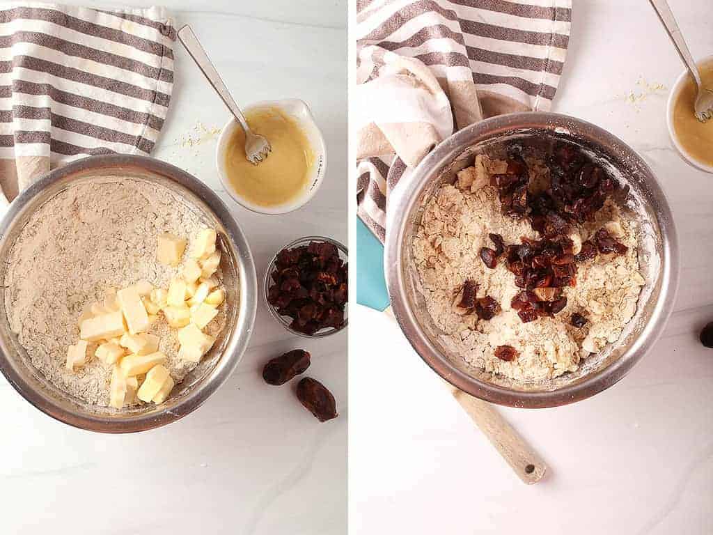 Left: Flour and oats in a metal bowl with chunks of butter cut in. Right: Mixed up batter with date pieces scattered over the top. 