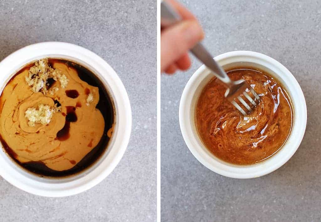 Peanut sauce in a small bowl with a whisk