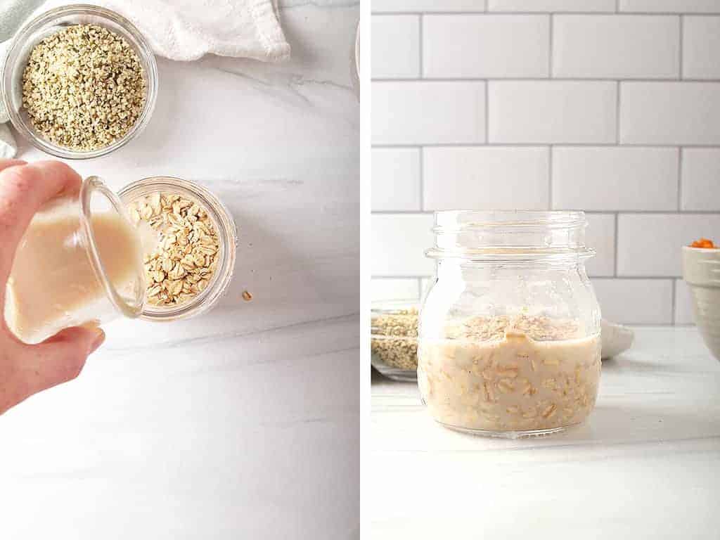 Milk and oats combined in a small mason jar.