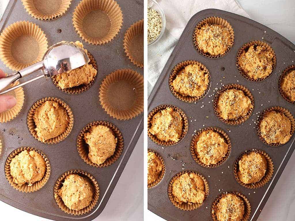 Pumpkin muffin batter scooped into the prepared muffin tins and topped with hemp hearts. 