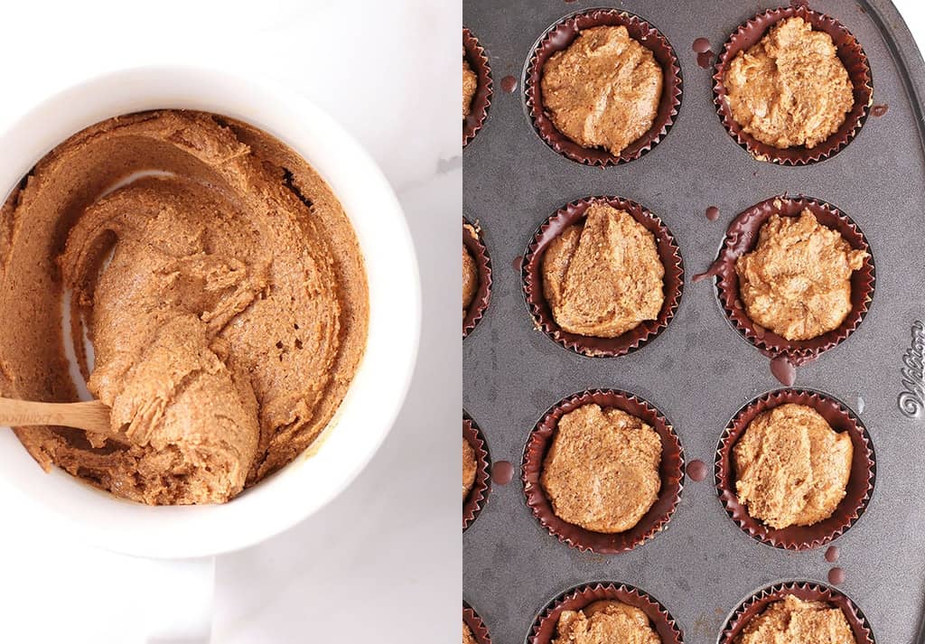 Chocolate cups in a mini muffin tin with almond butter filling