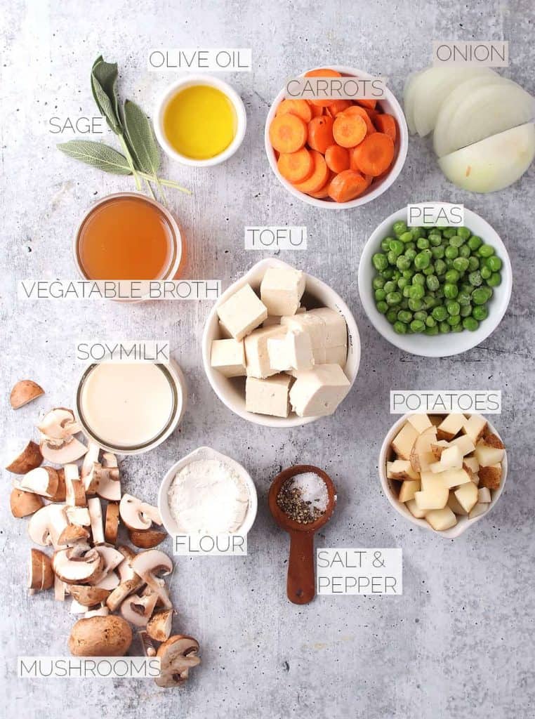 Ingredients for vegan pot pie on a concrete countertop