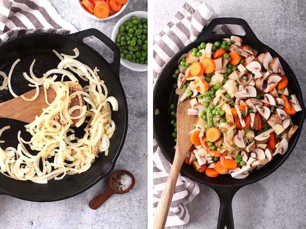 Sautéed onions, carrots, and peas in a large cast iron skillet
