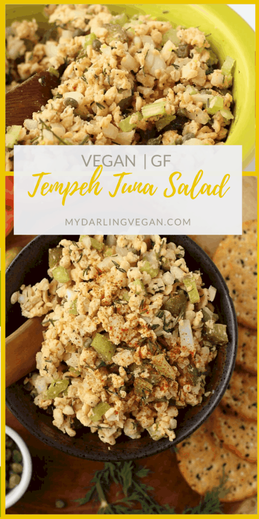 Enjoy this vegan and gluten-free vegan Tuna Salad. Made with tempeh and filled with fresh vegetables and herbs for a light and refreshing any-time-of-day snack.